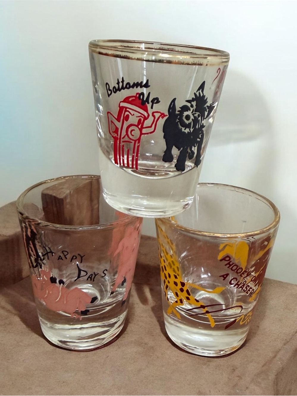 3 vintage novelty shot glasses